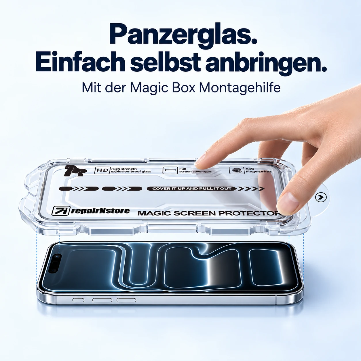 Die transparente Magic Box hilft beim Ausrichten des Panzerglases auf dem iPhone