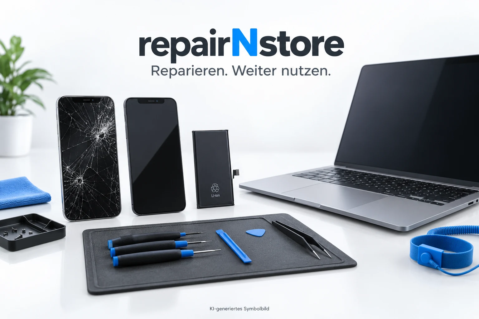 repairNstore – Smartphone, Akku und Laptop als KI-generiertes Reparatur-Symbolbild