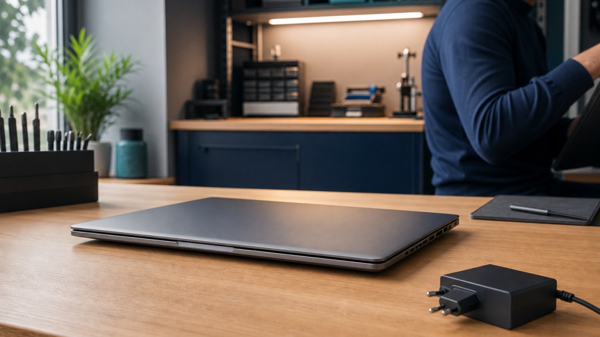 Geschlossener Laptop mit sichtbarer Gehäusewölbung auf einem Tisch, Netzteil getrennt