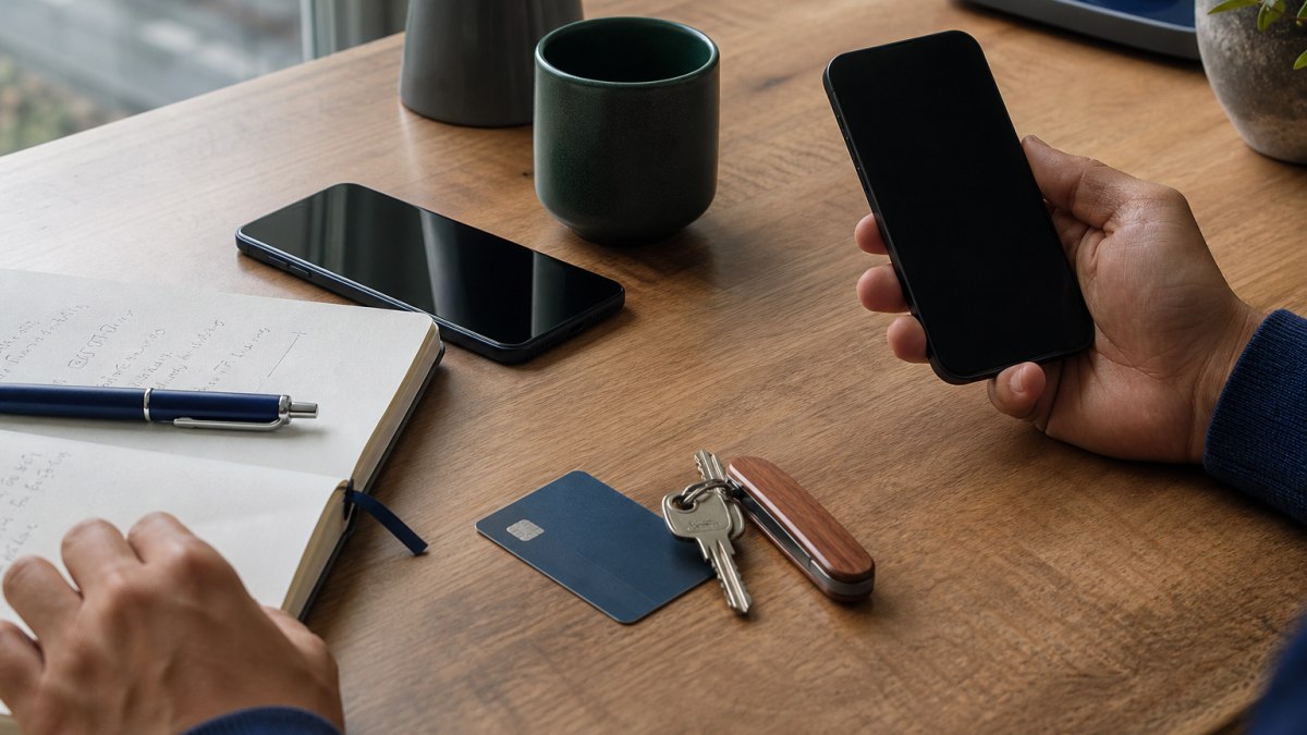 Smartphone auf einem Tisch mit Notizbuch, Schlüsseln und Zweitgerät als Symbol für sichere Schritte nach Verlust oder Diebstahl