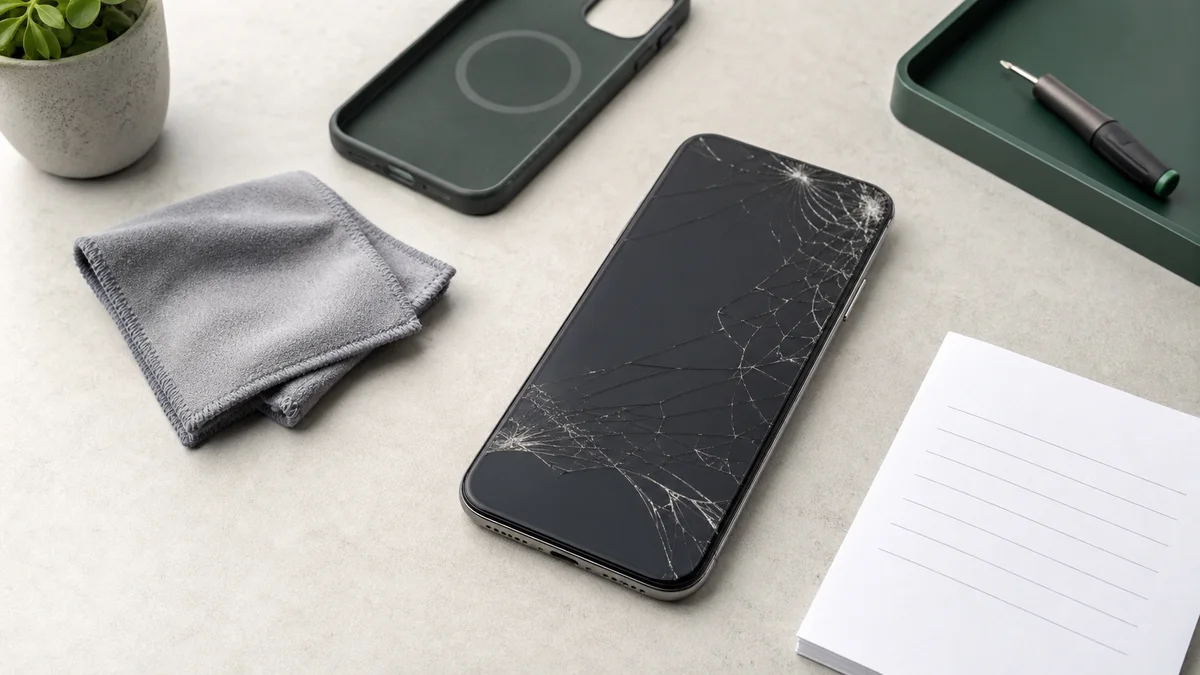 iPhone mit gesprungenem Display neben Schutzhülle und Mikrofasertuch