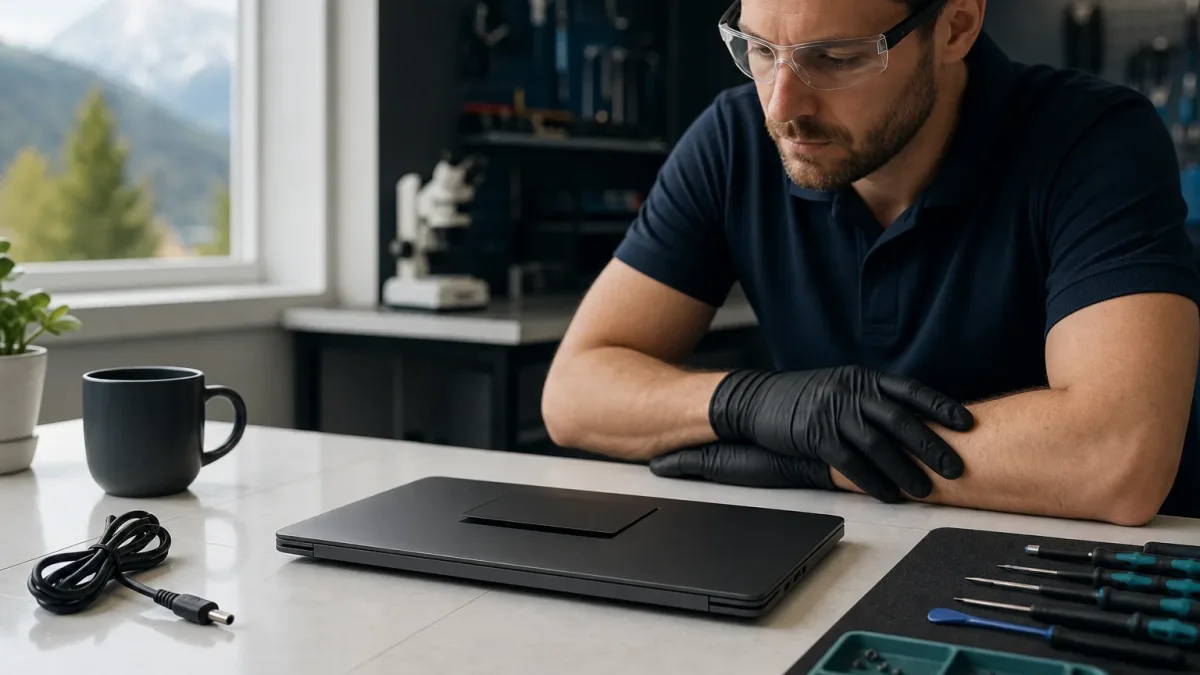 Aufgeblähter Laptop-Akku mit angehobenem Touchpad auf sicherer Arbeitsfläche in einer Reparaturwerkstatt
