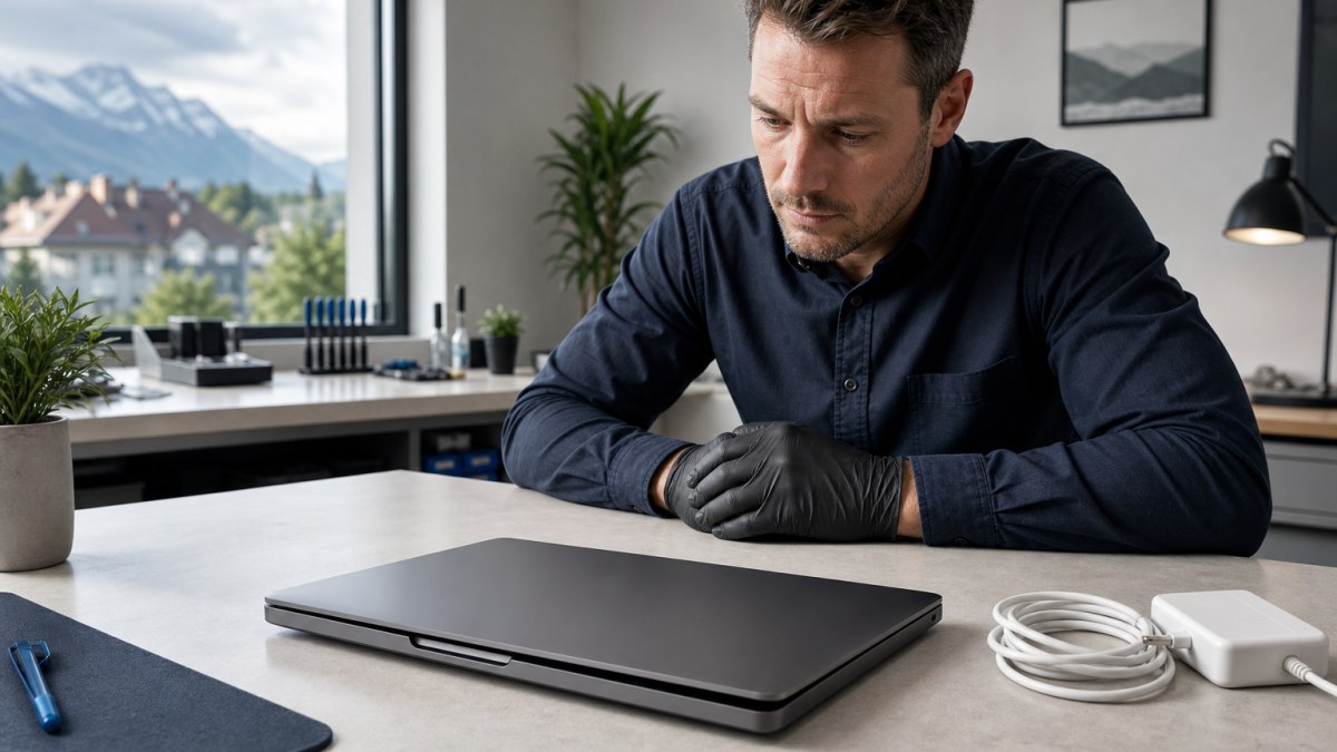 Ausgeschalteter Laptop mit möglicher Akku-Aufblähung auf sicherer Unterlage