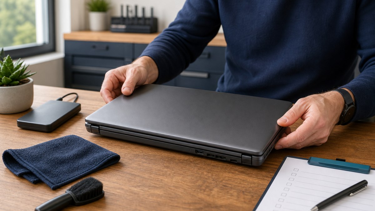Älterer Laptop auf einem aufgeräumten Schreibtisch mit Reinigungstuch, Backup-Laufwerk und Checkliste
