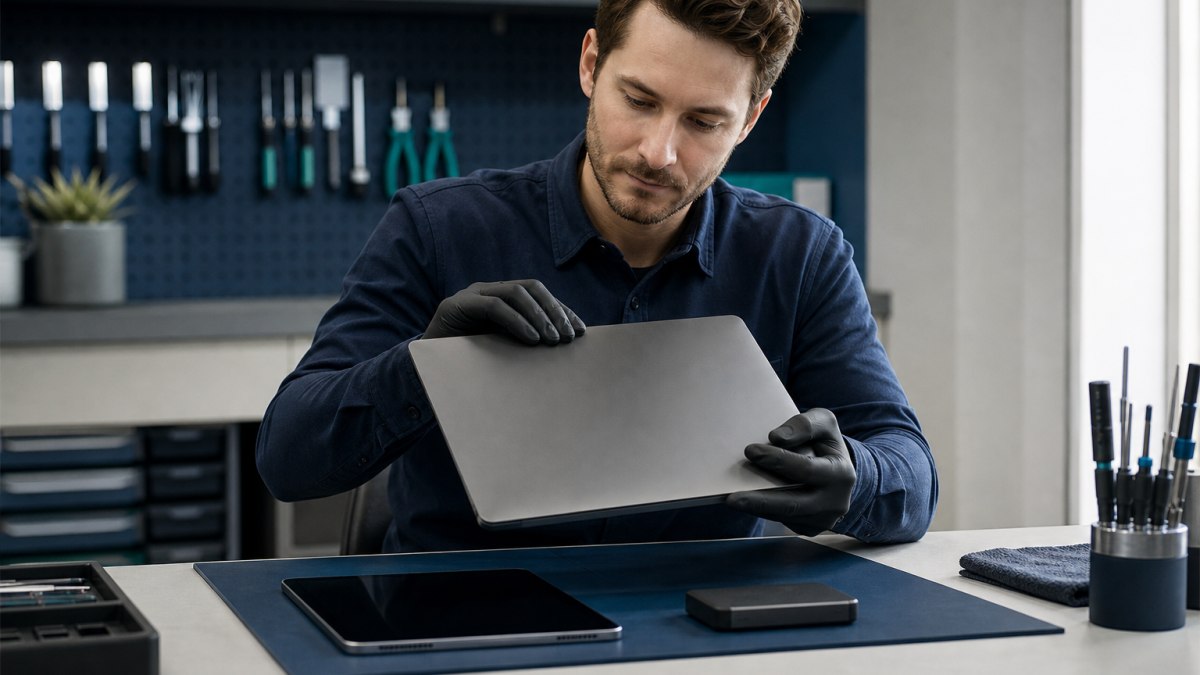 Laptop und Tablet auf einer Werkbank zur sicheren Akku-Beurteilung