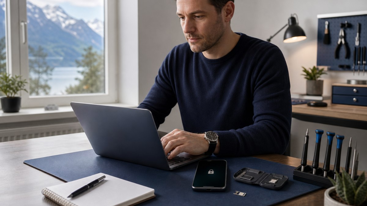 Person sichert ein verlorenes Smartphone über einen Laptop und notiert wichtige Schritte