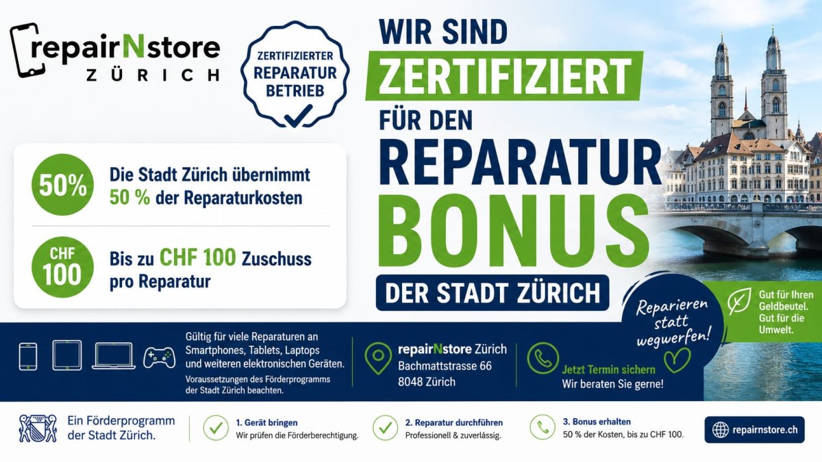 Modernes Reparaturbonus Zürich Titelbild mit Smartphone-Reparatur und nachhaltigem Gutscheinmotiv