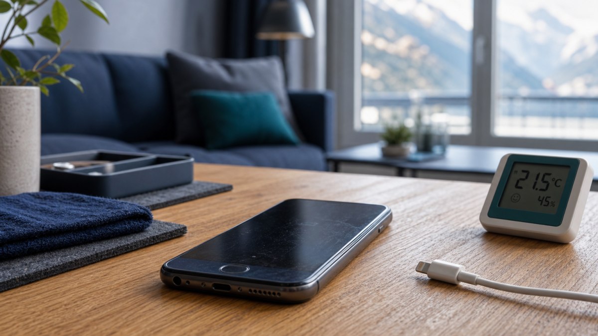 Älteres Smartphone mit Ladekabel auf einem Tisch als Symbol für Akkupflege und sichere Nutzung