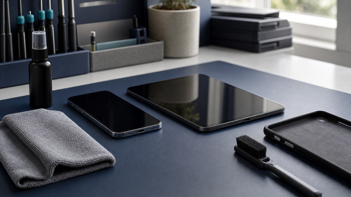 Ausgeschaltetes Smartphone und Tablet mit Mikrofasertuch und weicher Bürste auf einem sauberen Tisch