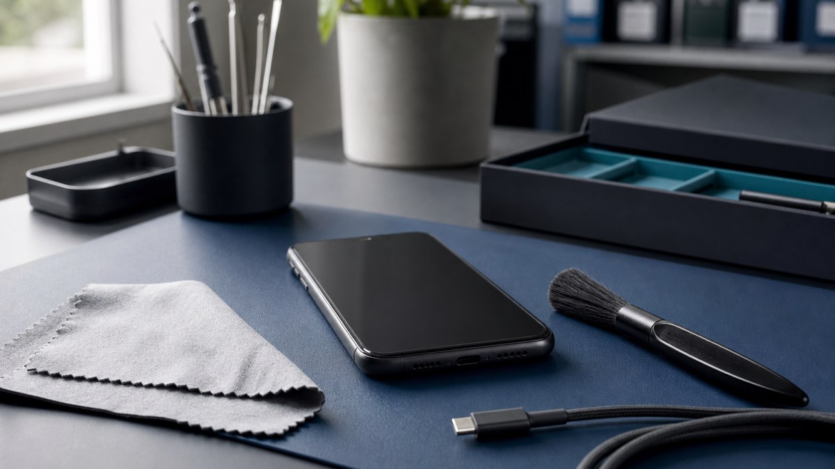 Ausgeschaltetes Smartphone mit Ladekabel, fusselfreiem Tuch und weichem Pinsel zur sicheren Ladebuchsenpflege