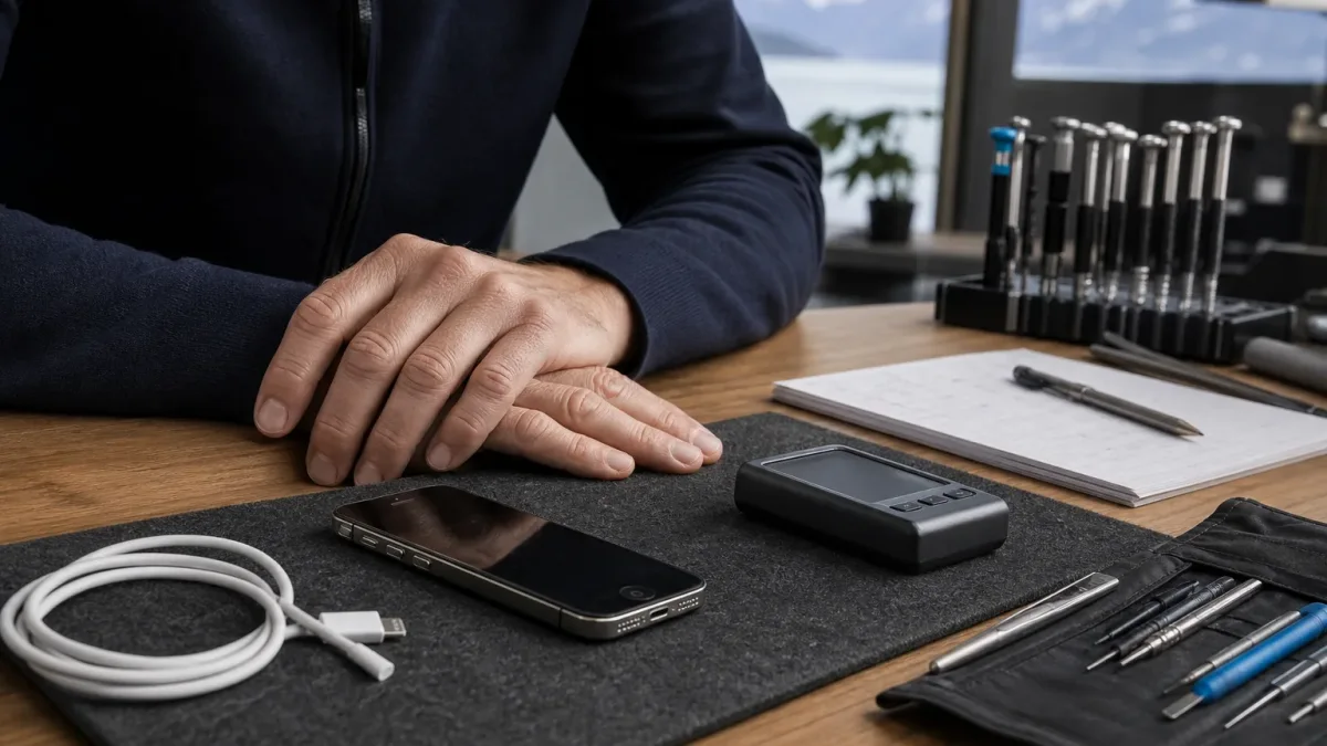 Älteres Smartphone auf Reparaturtheke zur Entscheidung zwischen Akkuwechsel, Software-Check und Recycling