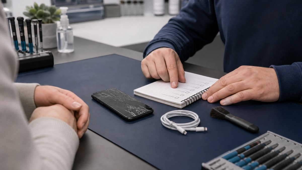 Defektes Smartphone auf einem Beratungstisch mit Checkliste zur Entscheidung zwischen Reparatur und Ersatz