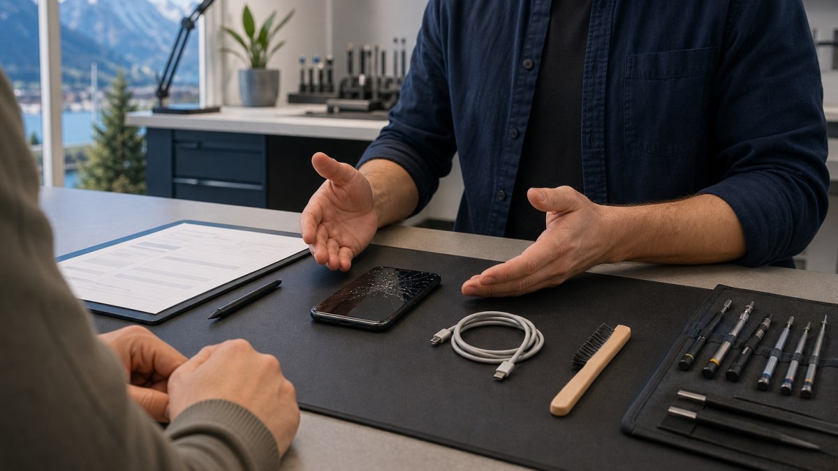 Smartphone mit Displayschaden, Ladekabel und Diagnoseunterlagen auf einem Reparaturberatungstisch