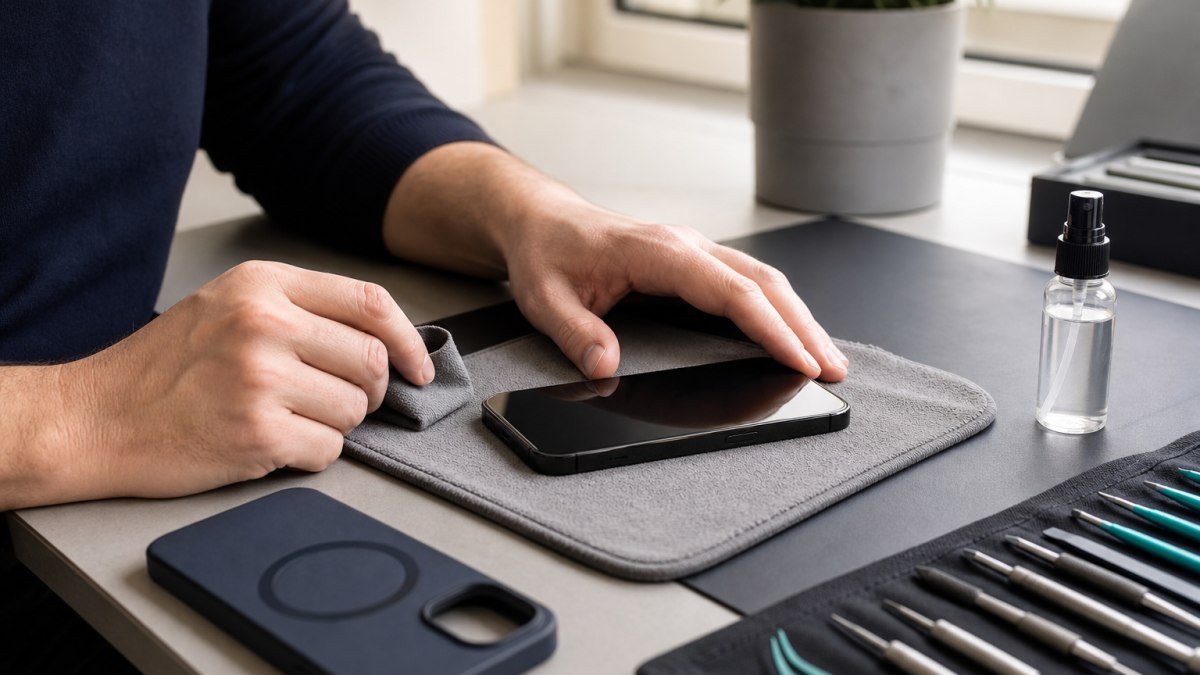 Ausgeschaltetes Smartphone wird schonend mit Mikrofasertuch gereinigt