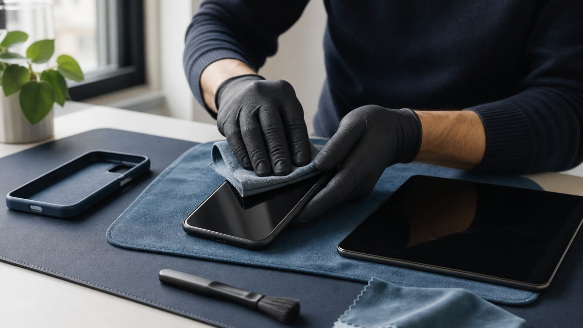 Ausgeschaltetes Smartphone und Tablet auf Mikrofasertuch zur sicheren Reinigung