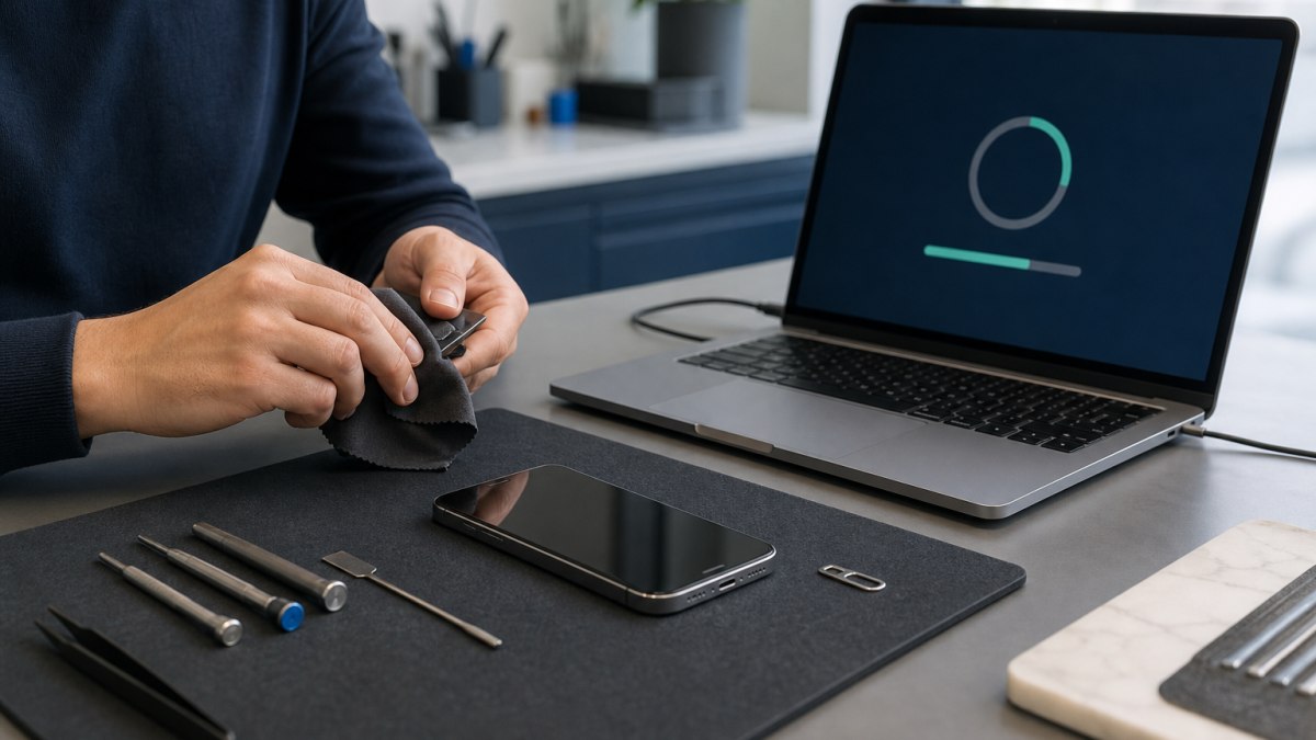 Smartphone und Laptop auf einem Reparaturtisch zur sicheren Vorbereitung vor der Reparatur